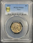 1913 Type 1 PCGS MS64 Buffalo Nickel 5c - Gem Original