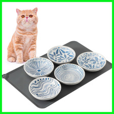 Howise Blue 5 Ceramic Cat Bowls Silicone Cat Mat 5.5 Inch Wide Shallow Cat Food