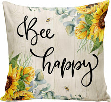 Bee Happy Sunflower Throw Pillow Cover 18X18 Inch,Spring Summer Sweet Bee Honey