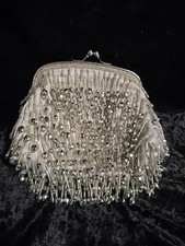 Silver Flapper Beaded Evening Bag Purse Satin Lining w/ Pocket 2 Chain straps