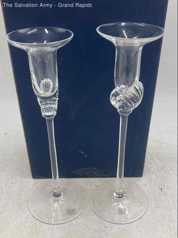 Dansk Neptune Clear Crystal Glass Long Stem Tapered Two Candlestick Holders