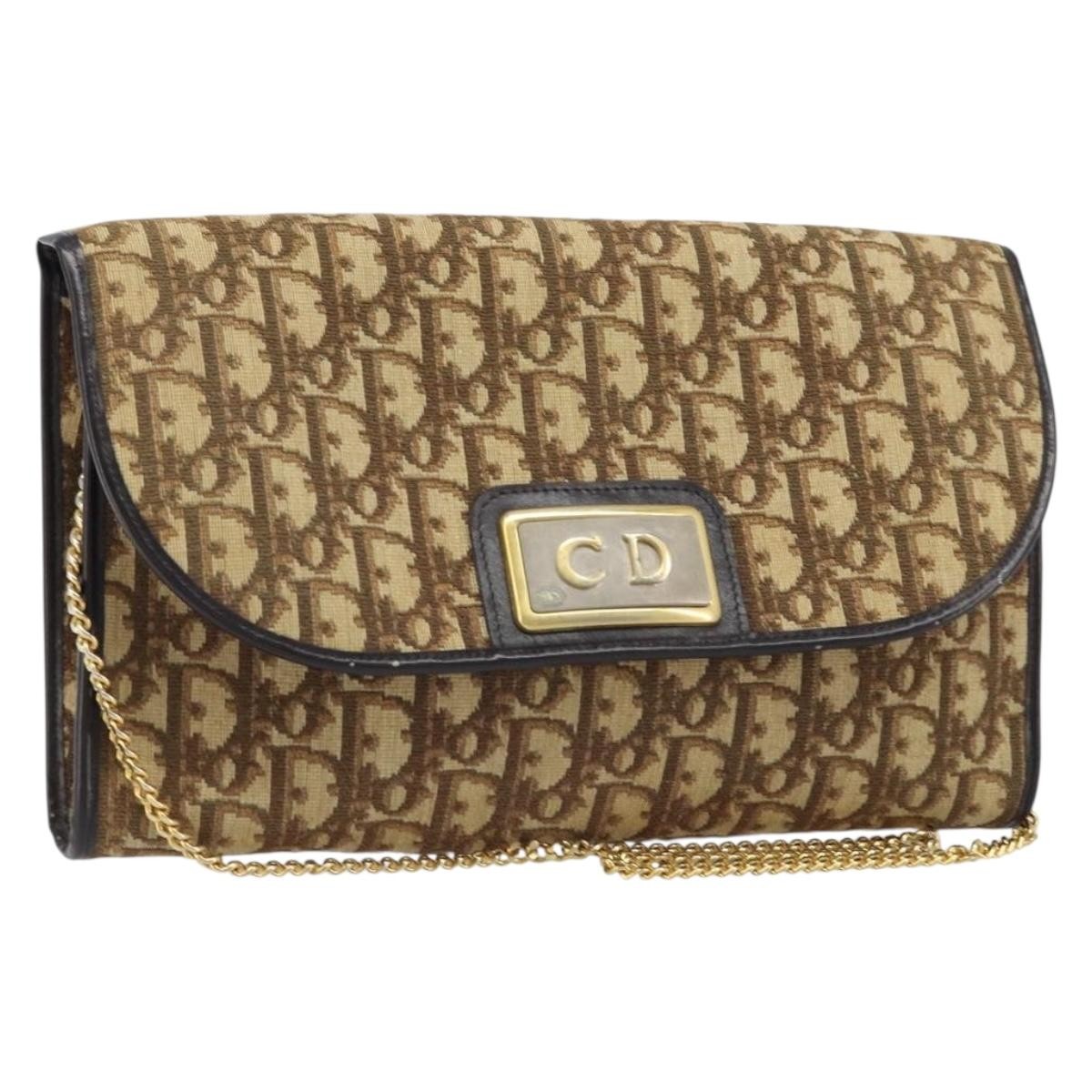 Christian Dior Trotter Canvas Chain Shoulder Bag Brown Gold Auth ARZ308A
