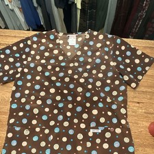Cherokee Women  s V-Neck Scrub Top S Brown Patterned Polyester Woven