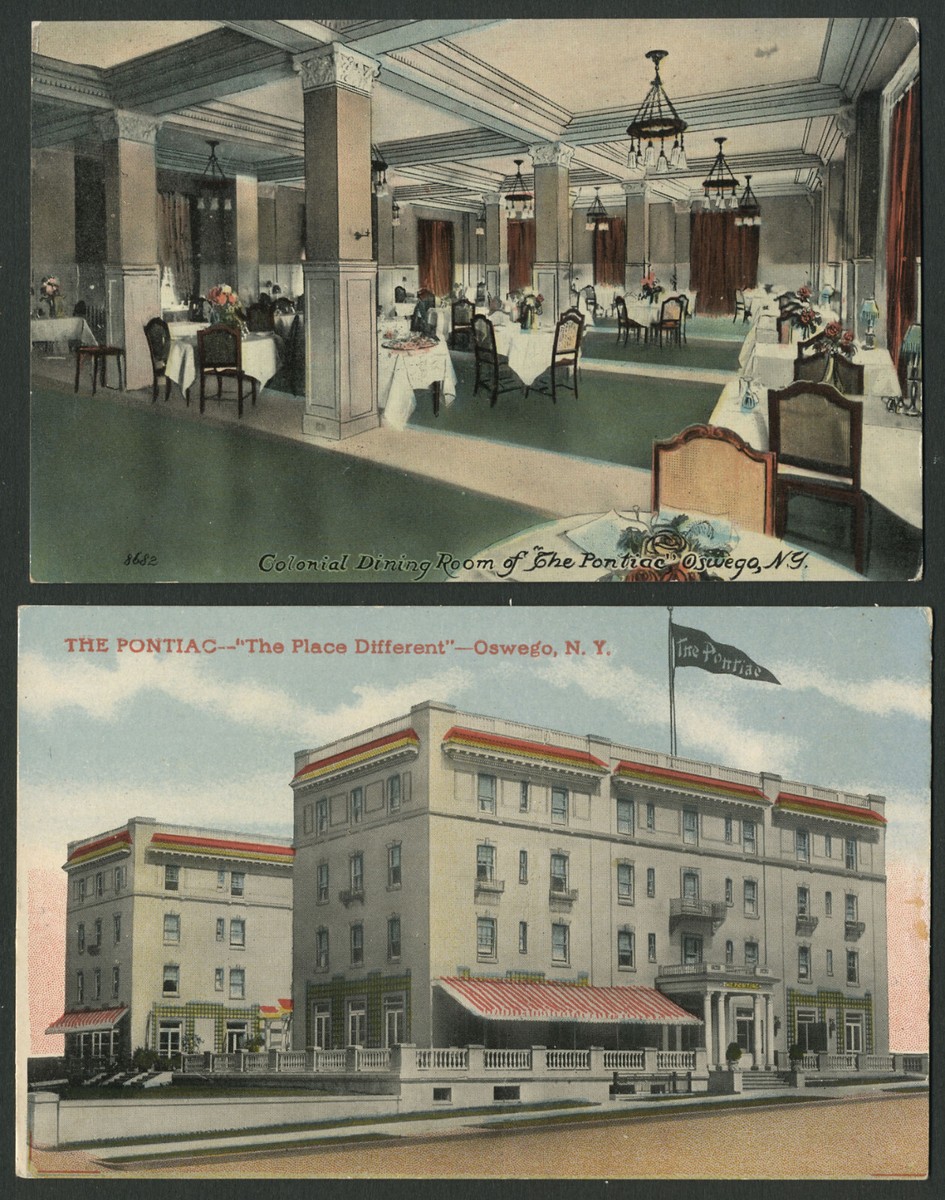 Oswego NY: Two 1910s Postcards THE PONTIAC HOTEL Colonial Dining