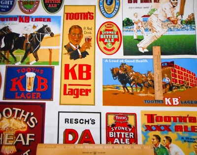 Cotton Fabric 1 Yard Tooths KB Lager Ale Beer Labels Original Design Vtg RARE N