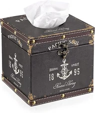 Sumnacon Retro Wood Square Tissue Box Cover - Vintage Cube Brown 