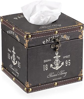Sumnacon Retro Wood Square Tissue Box Cover - Vintage Cube Brown 