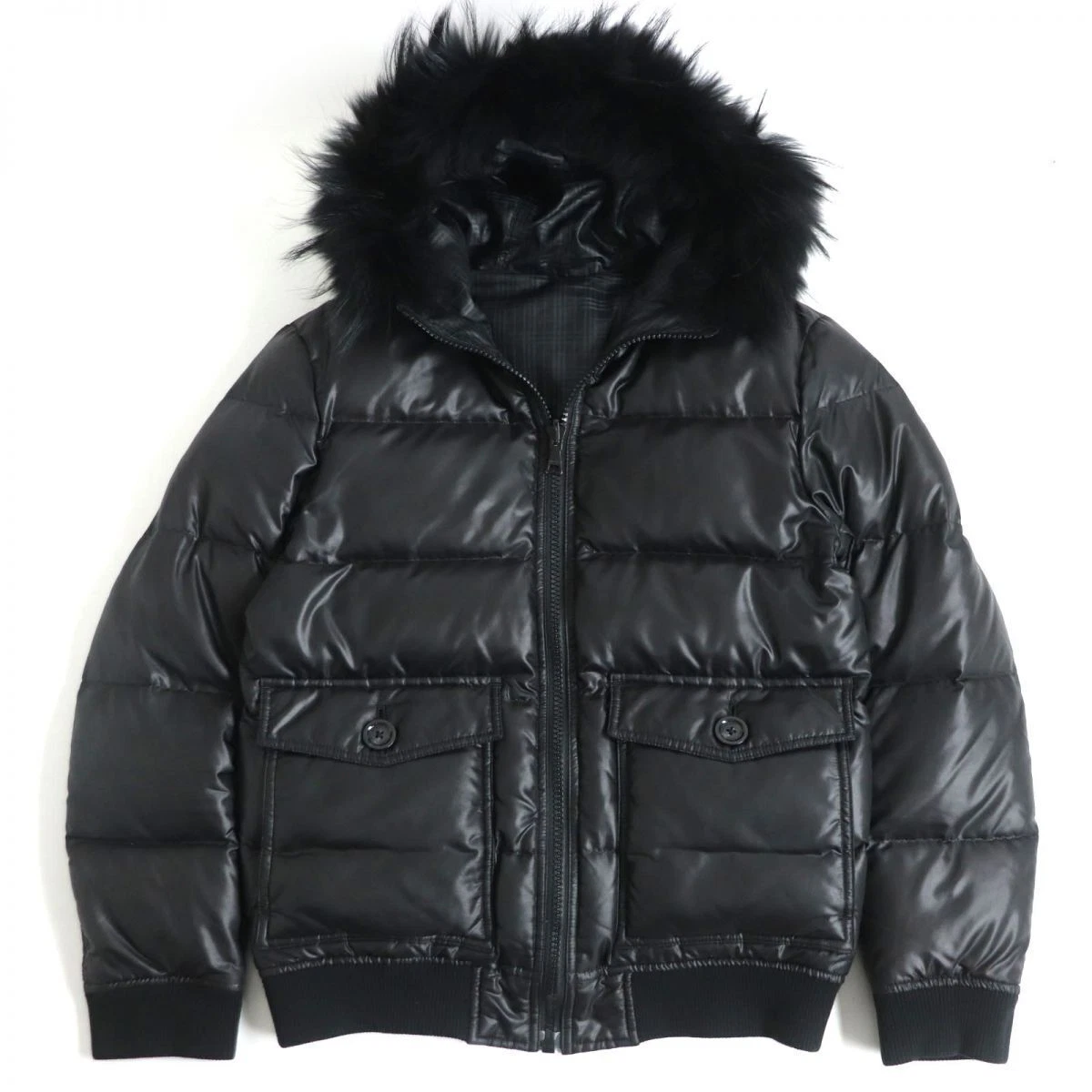 Beautiful Burberry Black Label Plain Plaid Raccoon Fur Hooded