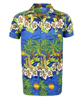HERREN HAWAII HEMD HIRSCH STRAND HAWAII ALOHA SOMMER URLAUB AUSGEFALLEN BLAU SONNE