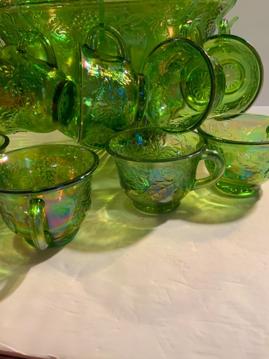 Vintage Green Carnival Glass punch bowl set w/11 cups & 6