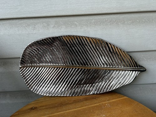 Balvery Silver Metallic Leaf High Gloss Textured Large Ceramic Tray Decor 16.5"