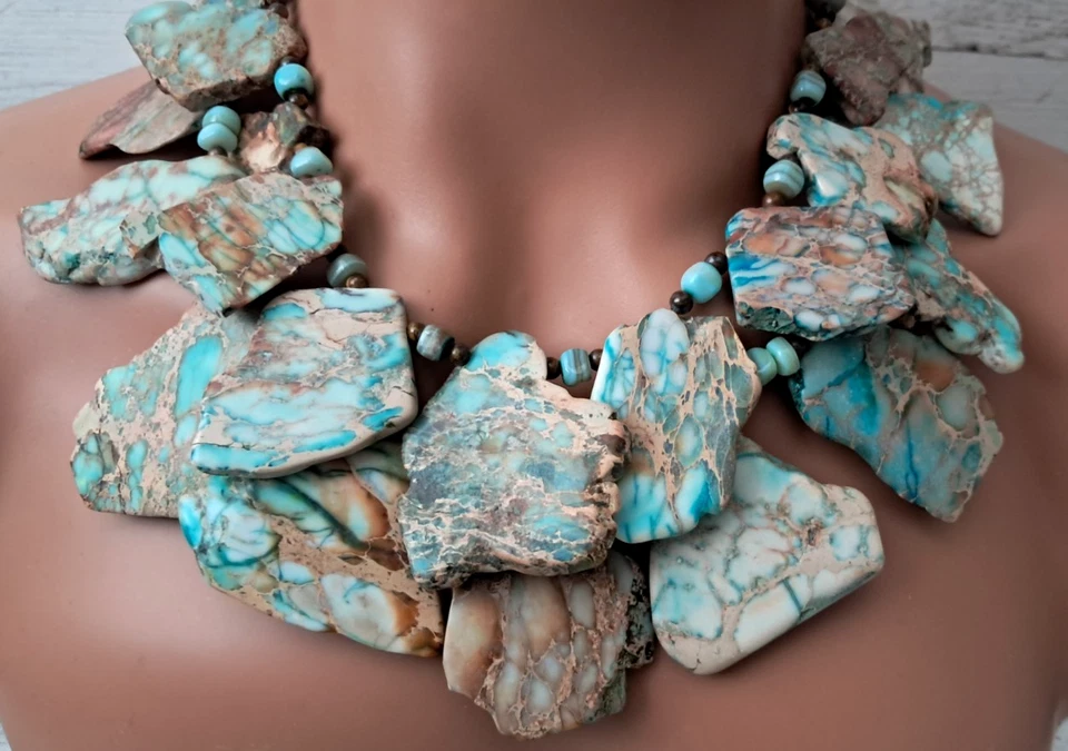 Impression Jaspe Azul Marrón Losa Amazonita Ojo de Tigre Enorme Doble Hilo 273G Foto 2 de 4