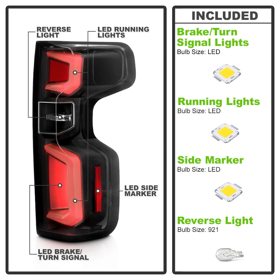 Luces traseras de tubo LED negras para Chevy Silverado 1500 2019-2023 [tipo incandescente] Foto 4 de 4