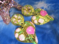 Gorgeous HUGE  Golden Heart Oil Drip Flowers Statement Earrings