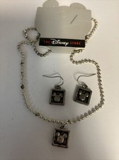Disney Mickey Mouse Silver Earrings and Matching 16  Necklace Pendant Set