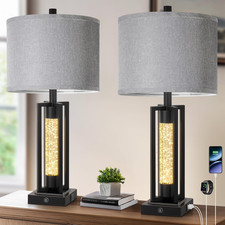 Set of 2 Vintage Farmhouse Table Lamps with USB Ports and Linen Shades