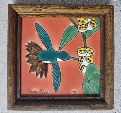 Costa Rica Hand Painted Hummingbird Tile Framed Folk Art 4x4