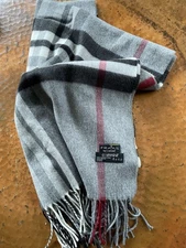 Fraas Cashmink Plaid Scarf With Fringe Gray with Red & Black Made in Germany