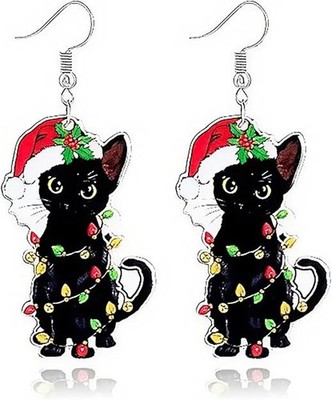 Christmas Earrings for Women Cute Gingerbread Man Elf Black Cat 