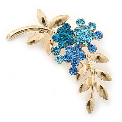 Brosche mit blauen Diamanten und Blumen vergoldet - 50 mm Länge
