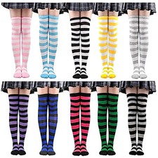 Women Striped Knee High Socks Halloween Witch Costume Black Orange Stripe Socks