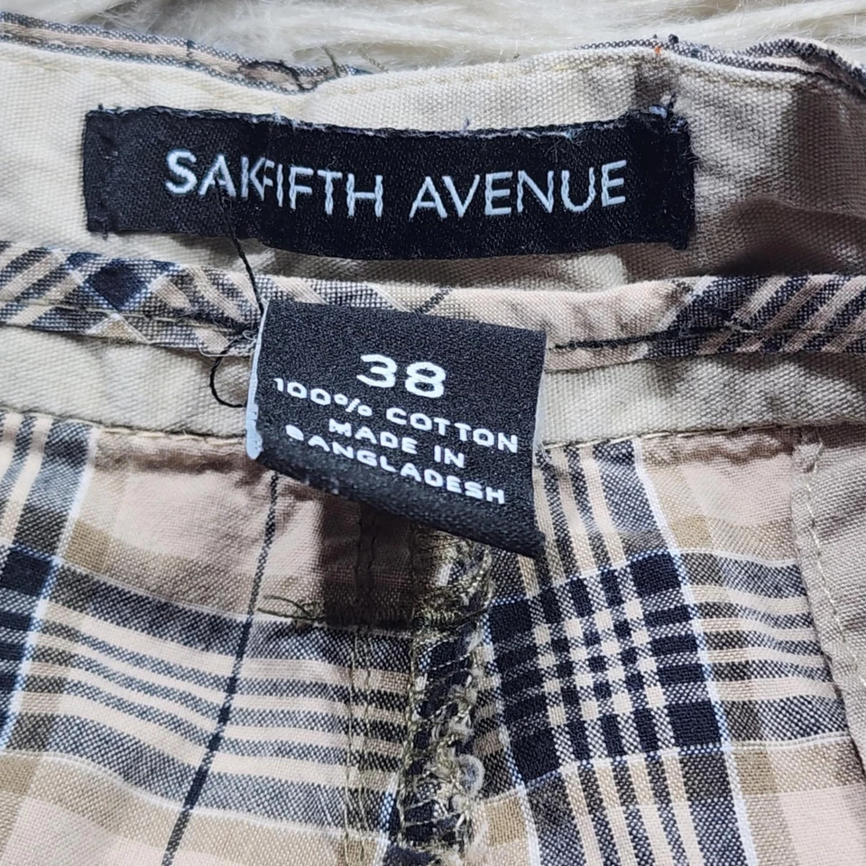 Saks Fifth Avenue 短裤男式 38 码棕褐色蓝色格子百慕大高尔夫长度休闲 — 第 2/4 张图片