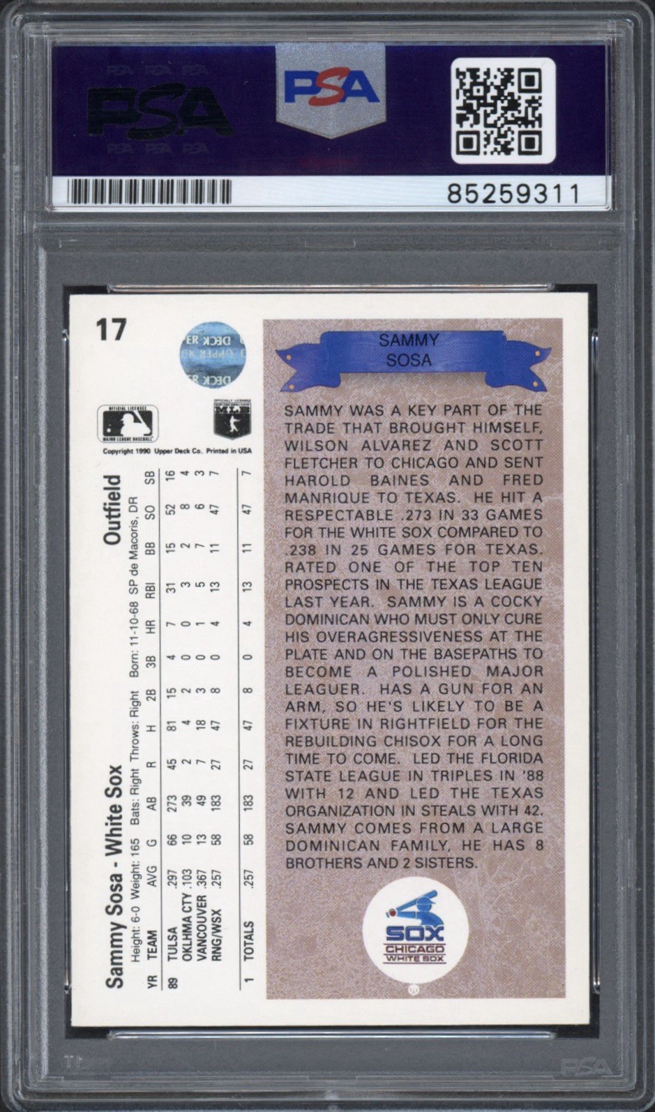1990 Upper Deck Sammy Sosa Rookie RC #17 PSA/DNA Authentic Auto White Sox view 2