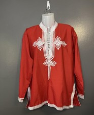 Embroidered Tunic Shirt Mens Size 4 Red White Boho Kurta Kaftan Festival Top