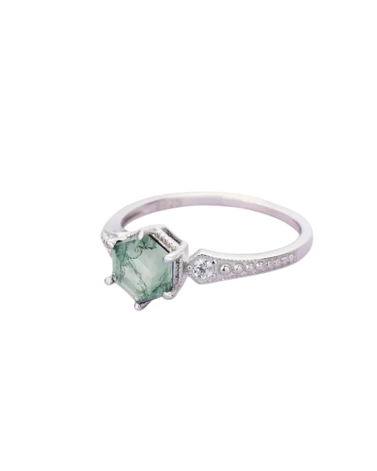 NATURAL GREEN MOSS AGATE & CZ GEMSTONE BIRTHSTONE 925 SOLID SILVER WOMENS RING