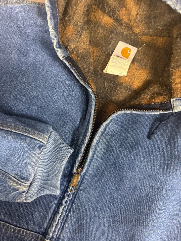 Abrigo con Capucha Carhartt Denim Vintage Años 90 Cremallera XXL Alto J08DST Forro Cálido/A Cuadros Foto 3 de 4