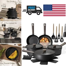 Black Titanium Non Stick Pots and Pans Set 19 Pcs Kitchen Cookware