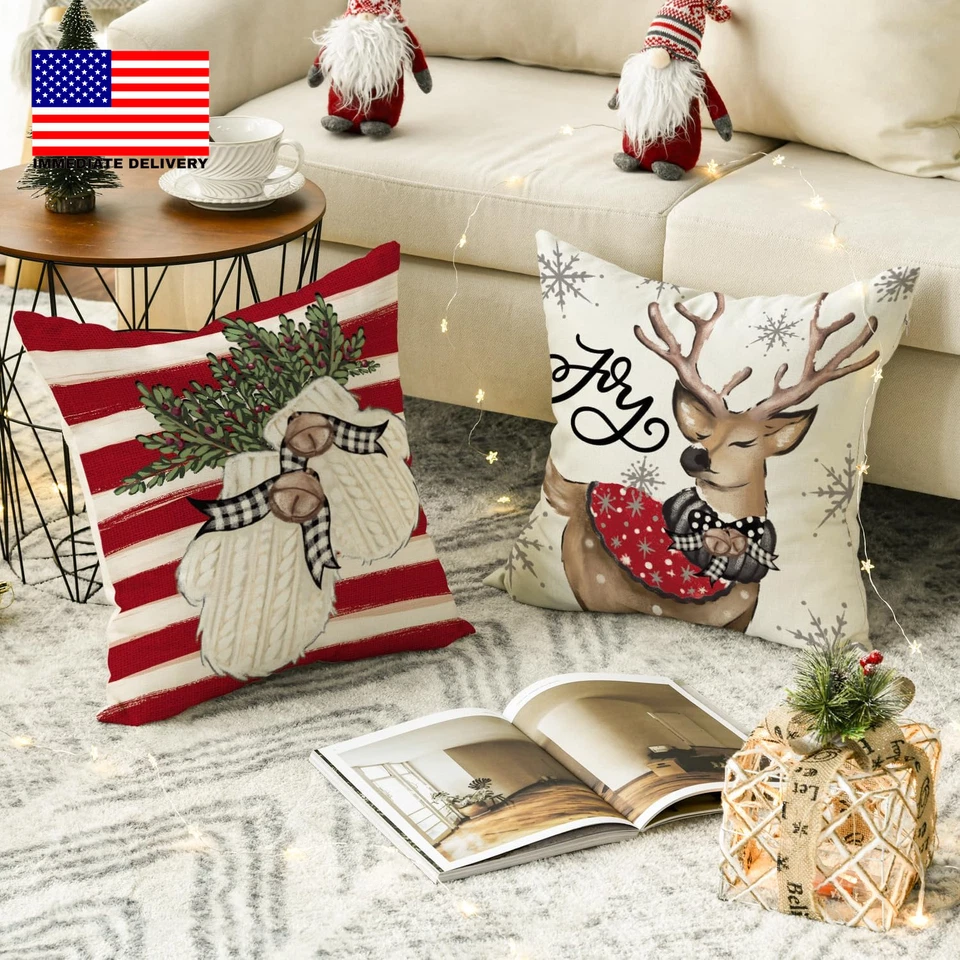 Christmas Snowman Reindeer Gloves Eucalyptus Red Throw Pillow Covers, 18 X 18 In - Image 4 of 4