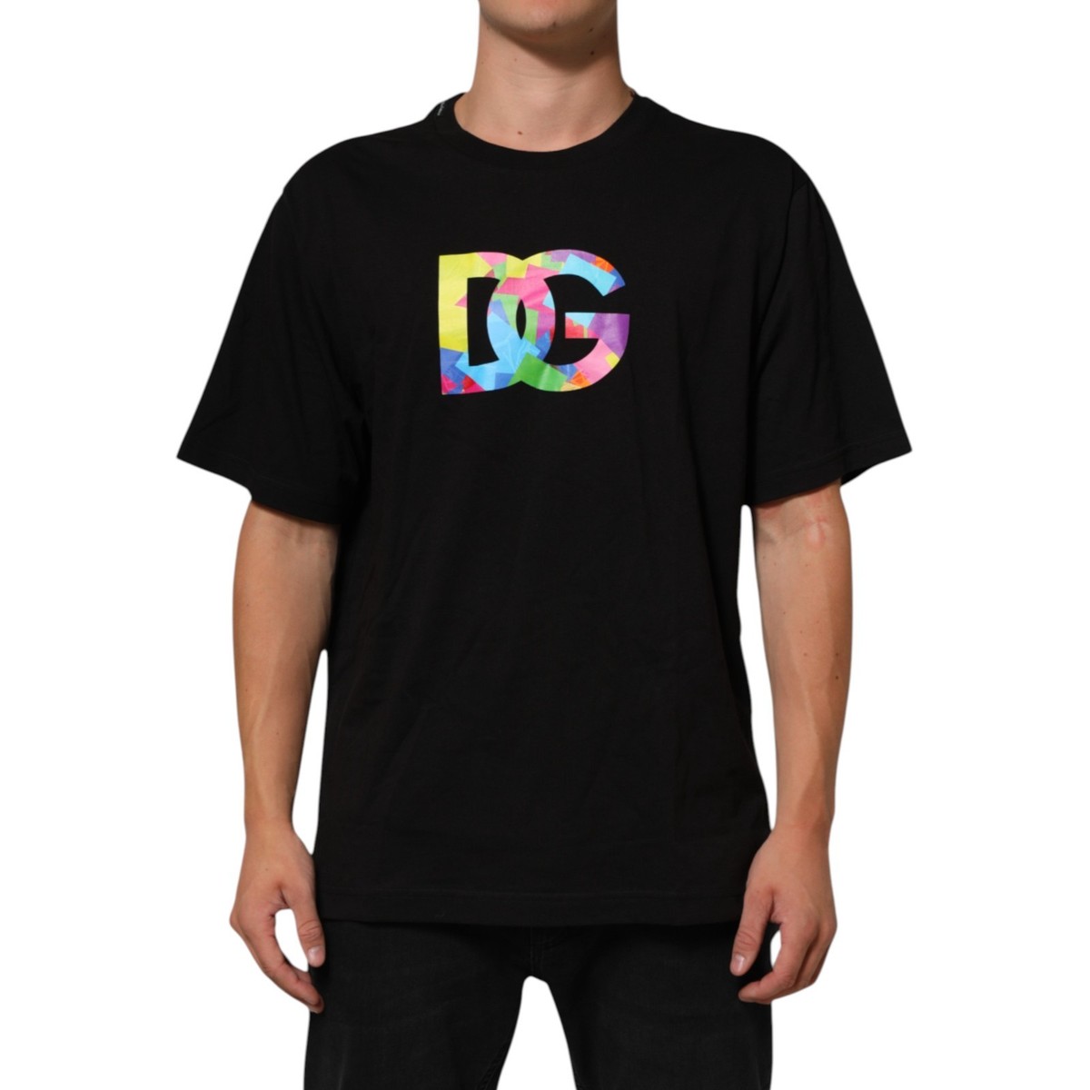 Dolce & Gabbana カラフル刺繍Tシャツ DOLCE & GABBANA T-shirt Black Logo Print Cotton Crew Neck IT52