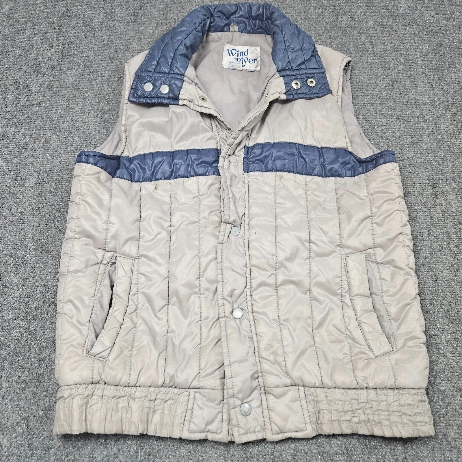 Vintage Gorpcore Puffer Vest M Gray Blue Snap Front Quilted 80s Outdoor Heritage