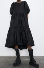 Zara Black High Low Puff Sleeve Dress size Xs 100% cotton 