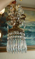 Vintage ROCOCO brass  & Spelter Ceiling Lamp Crystal foyer Chandelier 30" cord