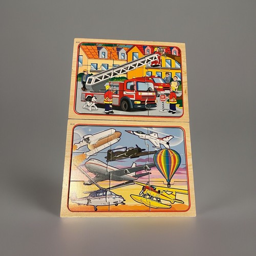 Vintage Puzzle Wood Frame Air Transportation Planes Firetruck Imperfect