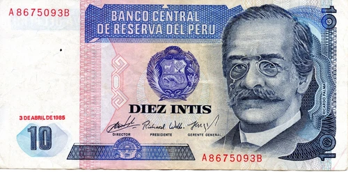 Perú 1985, 10 Intis, Serie A8675093B P#128A, Ricardo Palma, accept offers