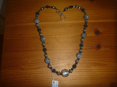 Keramik-/Porzellan-Lava-Holz-Metall-Kette, Grautöne-schwarz-silber - Bild 1 von 2