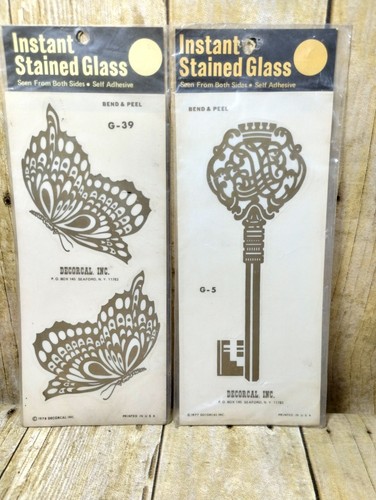 6 Vtg Decorcal Self Self Adhesive Stain Glass Gold Butterflies, Key & Squares - Picture 4 of 8