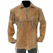 New Mountain Men Suede Leather Shirt with Fringes  Side Lacing