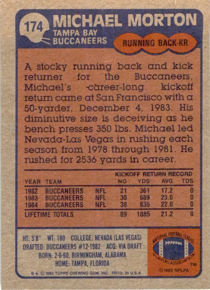 1985 TOPPS MICHAEL MORTON. TAMPA BAY BUCCANEERS #174 - Image 2 of 2