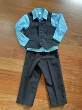 Boys Suit 3 Piece Black Vest Pant Aqua Shirt Church Wedding EUC Worn Once 3T