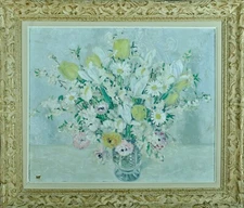 Painting Antique Large Bouquet of Flowers Art Deco Still Life Vase Helen River