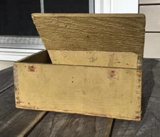 Antique Old Mustard Green Paint Wood Box Leather Strap & Lid Box Corner Joinery