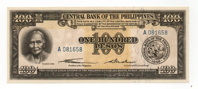 1949 Philippines 100 Pesos Central Bank One Hundred Pesos Sora banknote CRISP