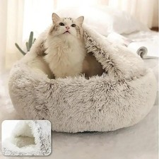 Cat Bed Cave Round Plush Fluffy Hooded Cat Bed Donut Self Warming Pet Dog Bed
