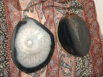 two piece black agate crystal slabs