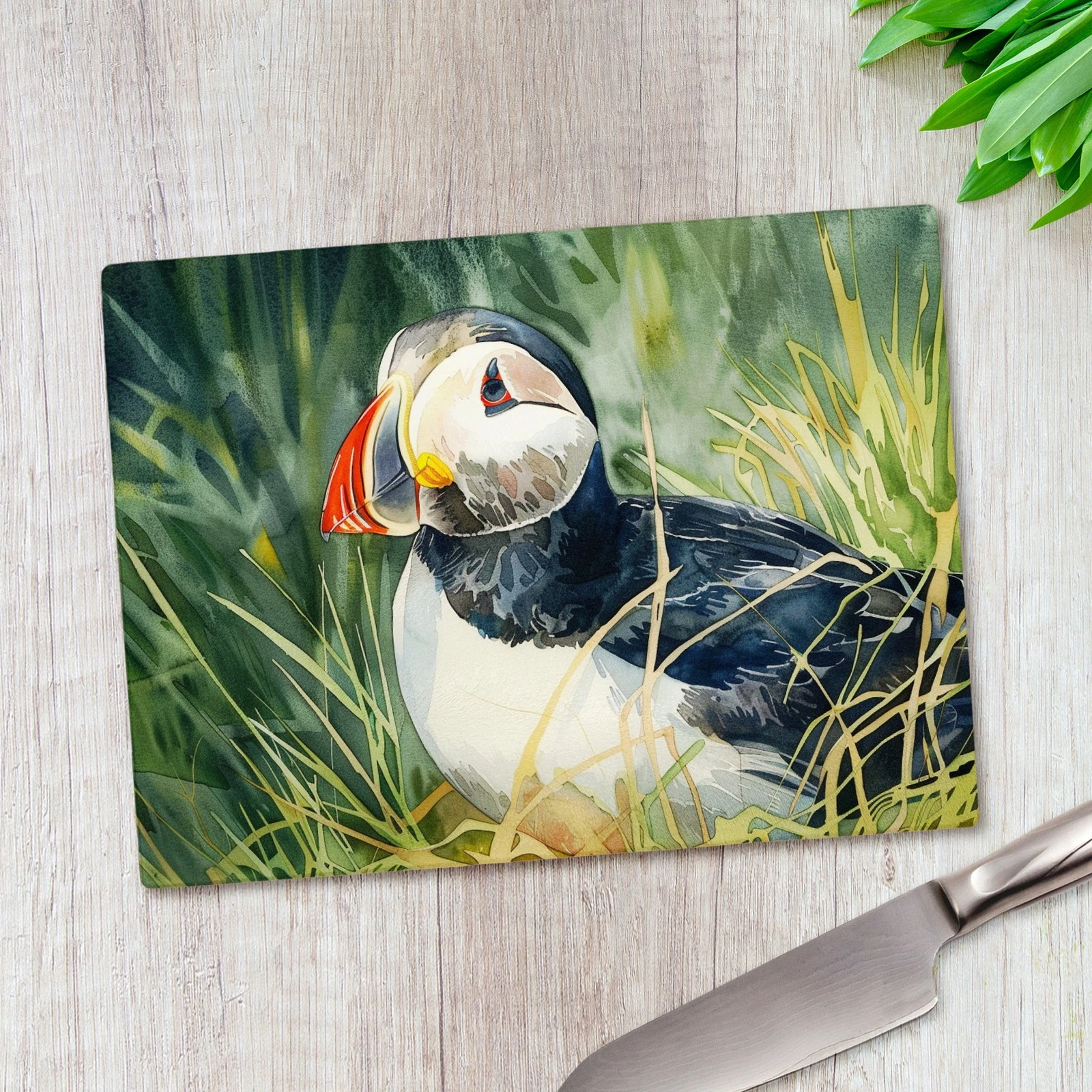 Watercolour Puffin Birds Glass Chopping Board Large Kitchen Worktop Saver