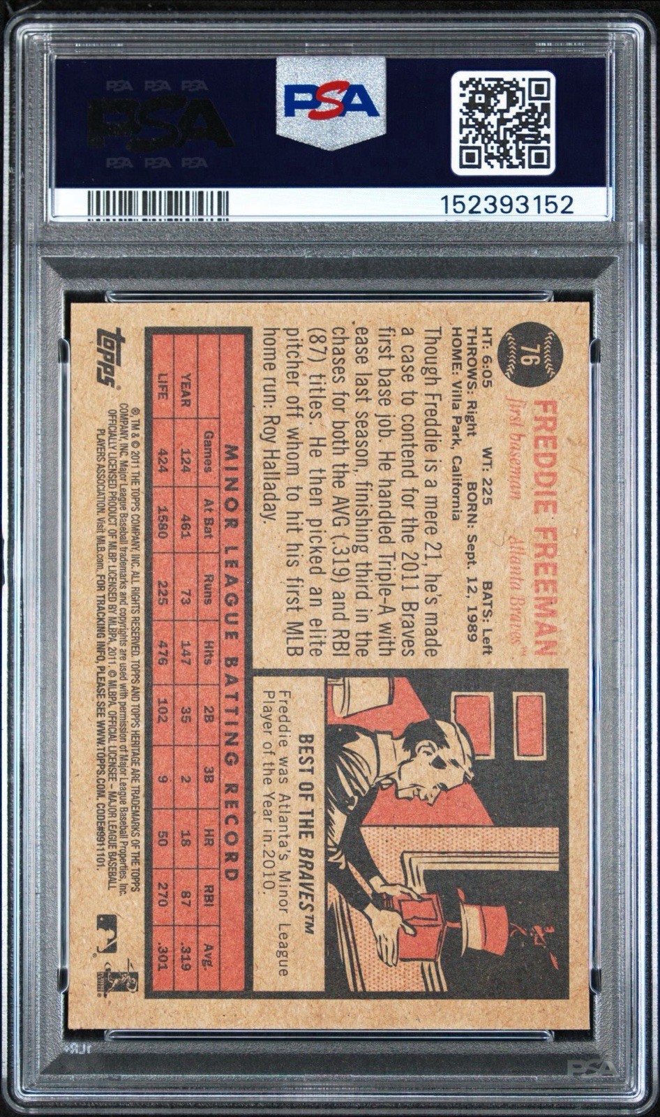 2011 Topps Heritage Freddie Freeman Rookie #76 PSA 9 view 2